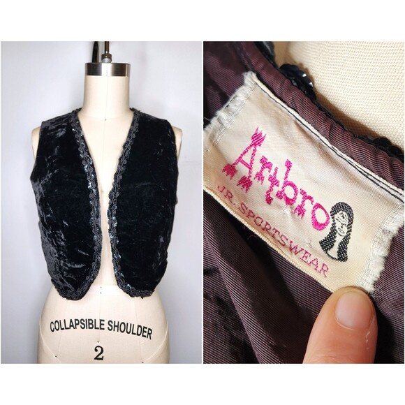 Vintage Black VELVET Vest Cropped by ARTBRO Black Velvet Bolero Vest Sequined XS - Picture 1 of 10
